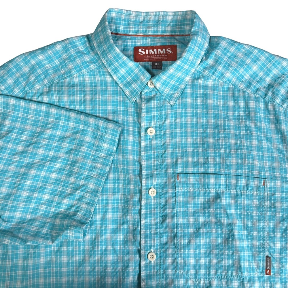 Simms Fishing Mens XL Plaid Short Sleeve Button Down Shirt Turquoise Seersucker